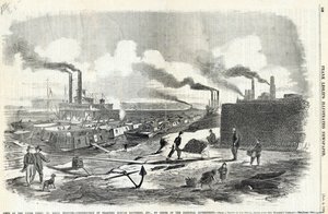 Print of the Construction of Mortar Boats along Shoreline with a Riverboat in the Background